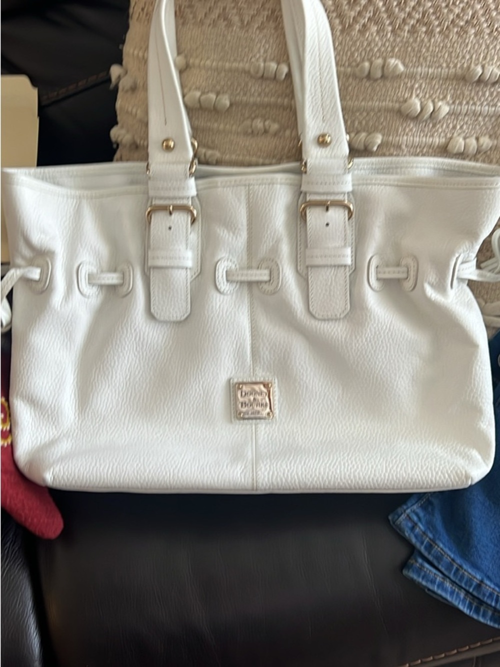 Dooney & Bourke White Pebbled Leather Shoulder Tote with Gold Hardware